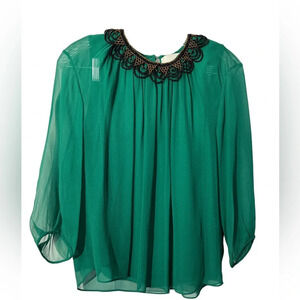 3.1 Phillip Lim Green Silk Chiffon Blouse Beaded Collar Size 6